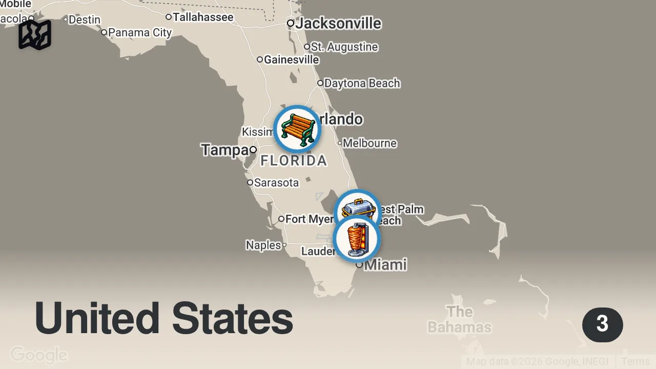 Map of 3 spots from Eating at Random Food Trucks In My City For 24 Hours...