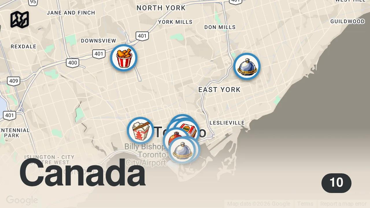 Map of 10 spots from American Tries Every Canadian Fast Food Chain
