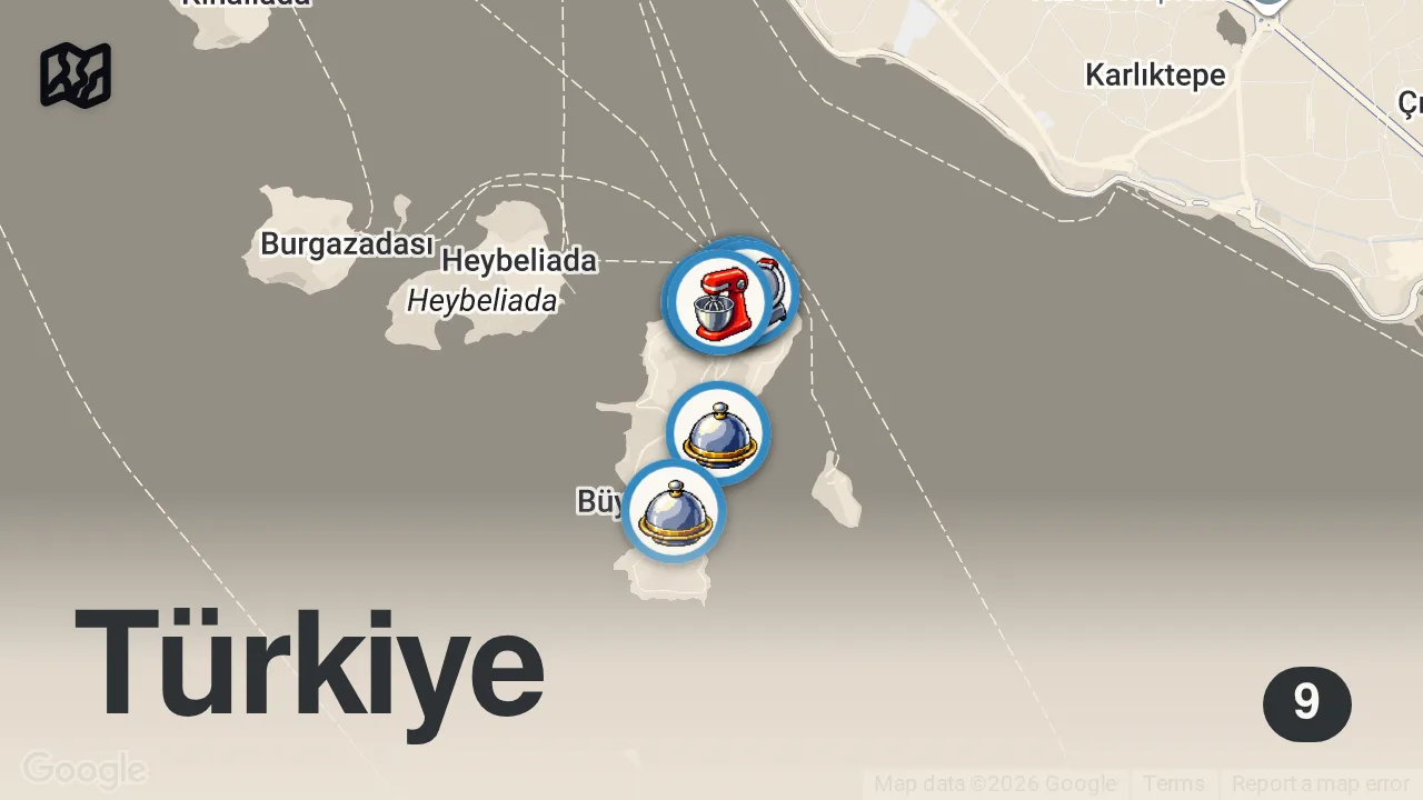 Map of 9 spots from BÜYÜKADA LEZZET REHBERİ (Kremalı börek, vişneli dondurma, arnavut ciğeri) - Ayaküstü Lezzetler