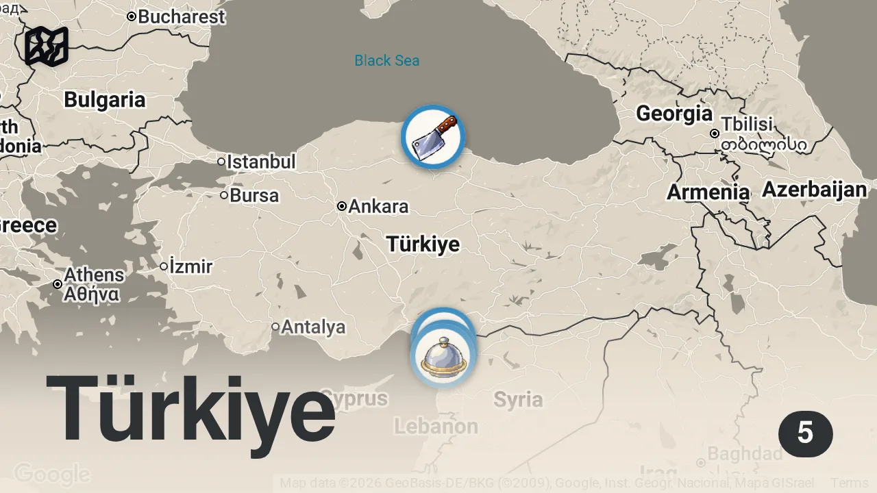 Map of 5 spots from AFRİKA YILDIZI İLE HATAY SOKAK LEZZETLERİ! @Afrikayildizi
