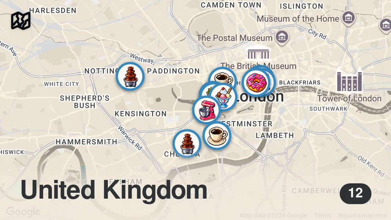 Map of 12 spots from I Tried London’s Best Pastries & Chocolate | Kirsten Tibballs