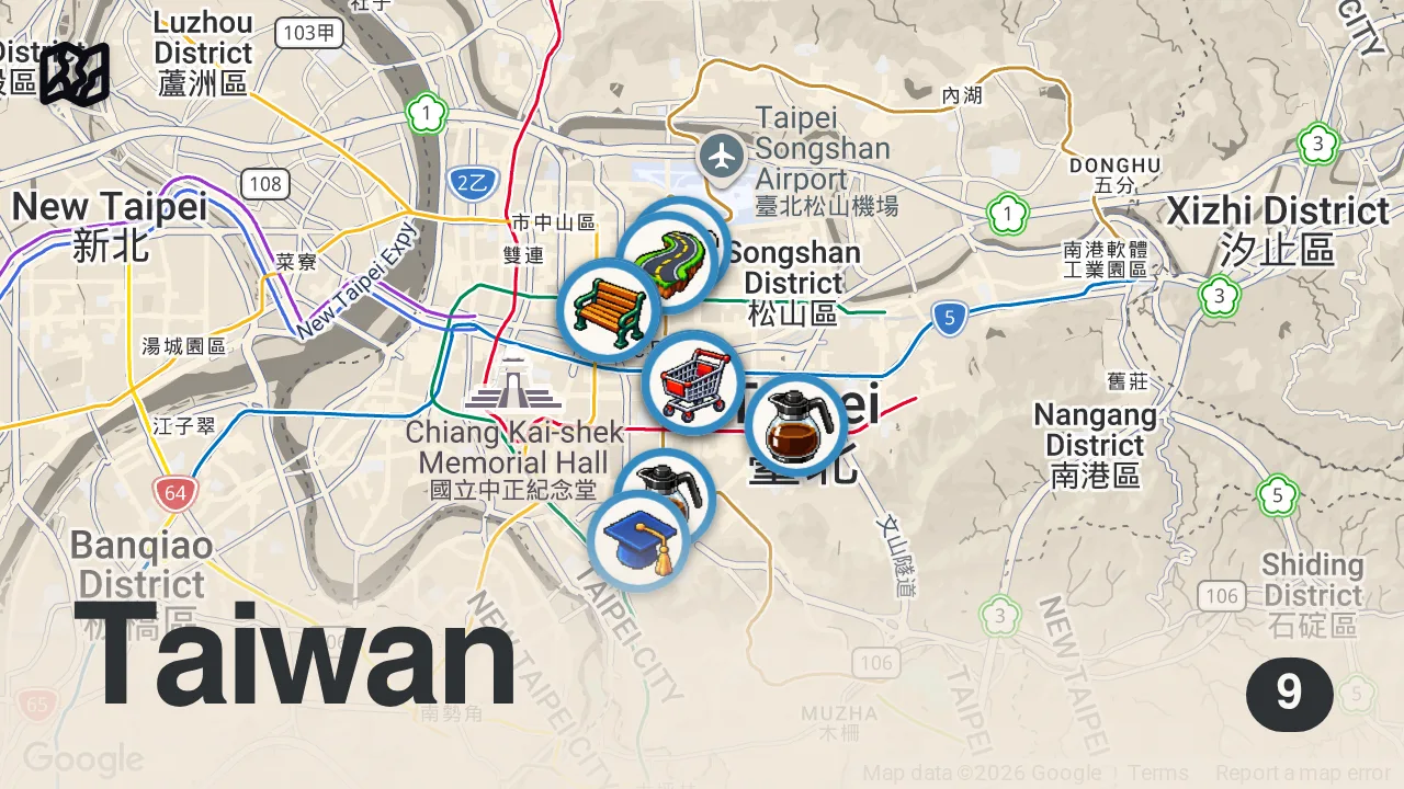 Map of 9 spots from Top 5 Award Winning Coffee Shops in Taiwan! | Taiwan Top 5