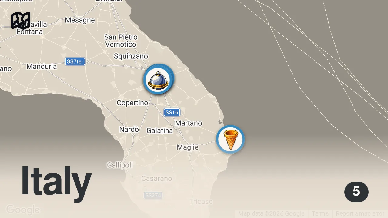 Map of 5 spots from SOUTH ITALIAN FOOD - Best Italian Panini + Traditional Restaurant - Street food tour in Lecce, Italy