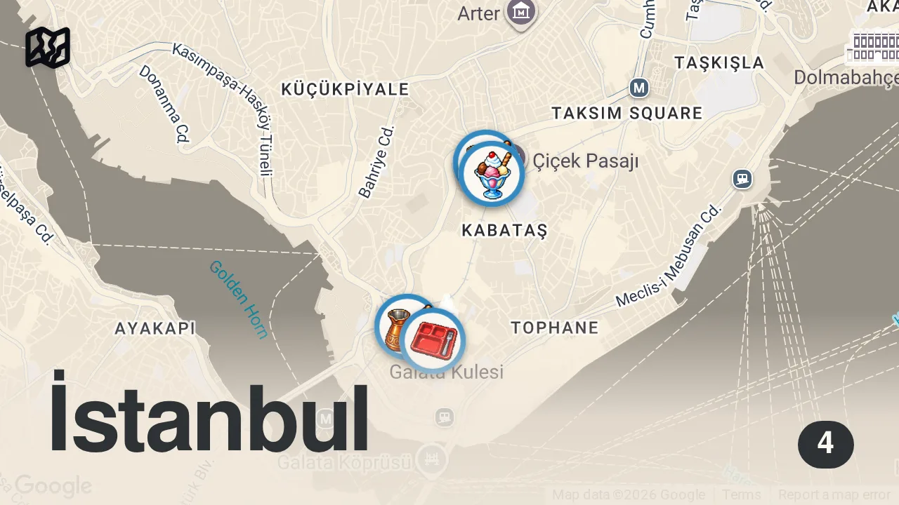 Map of 4 spots from BEYOĞLU LEZZET REHBERİ (Beyoğlu’nu bir turist gibi gezdik) - Ayaküstü Lezzetler