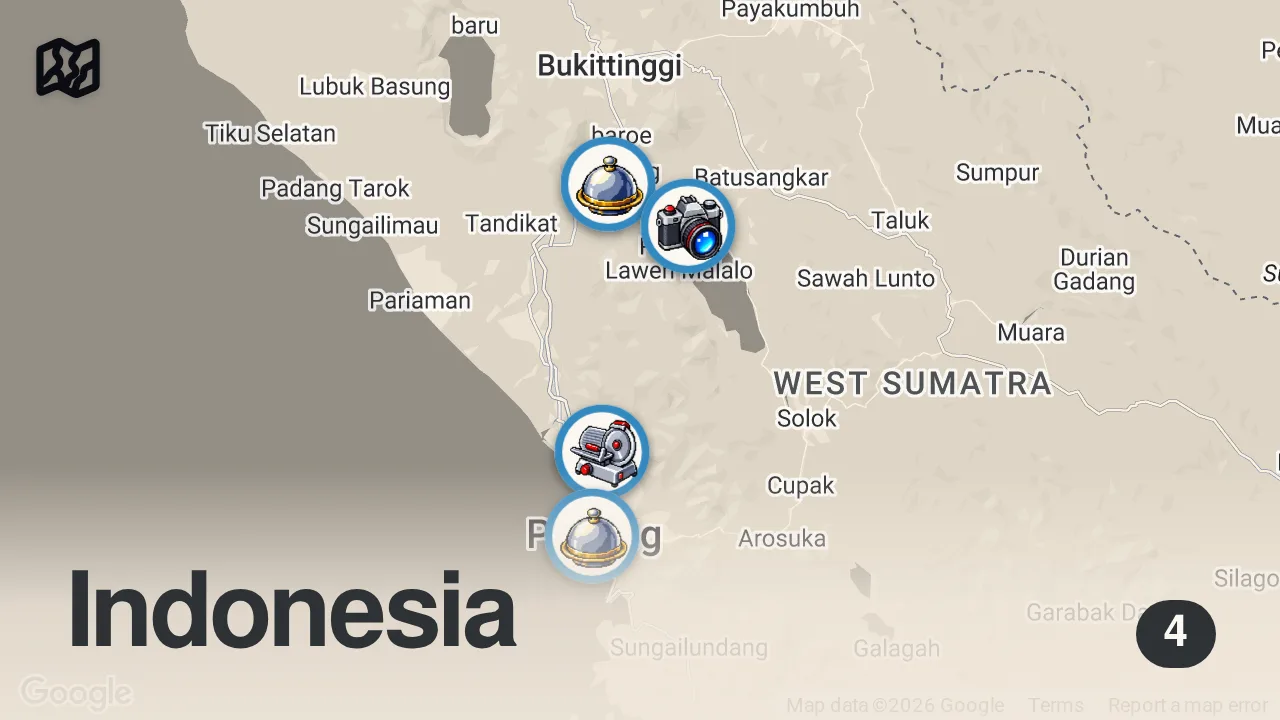 Map of 4 spots from LEGENDARY Beef Rendang + #1 Satay Padang + MINANG VILLAGE - Indonesian street food in West Sumatra
