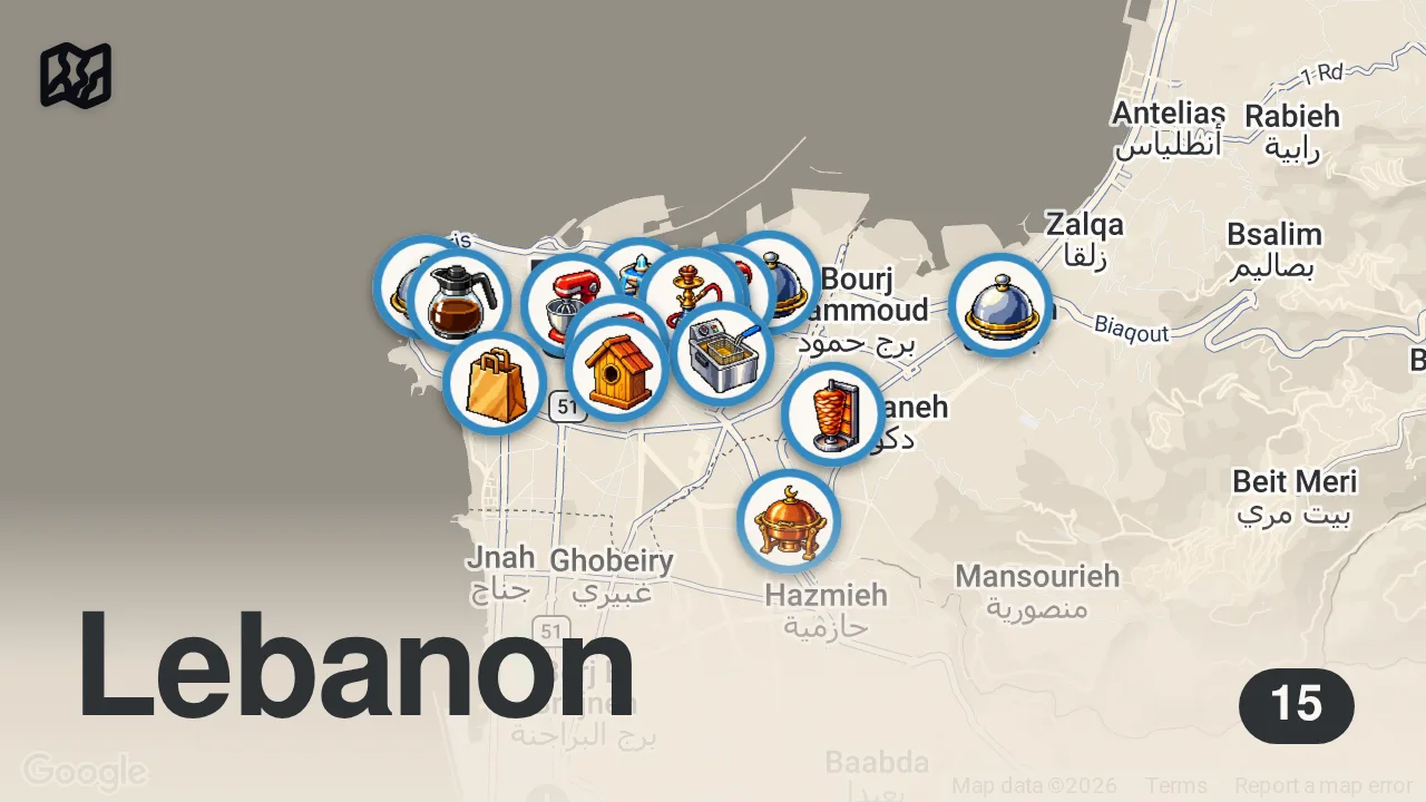 Map of 15 spots from I Went to Beirut for the Food!! 🇱🇧