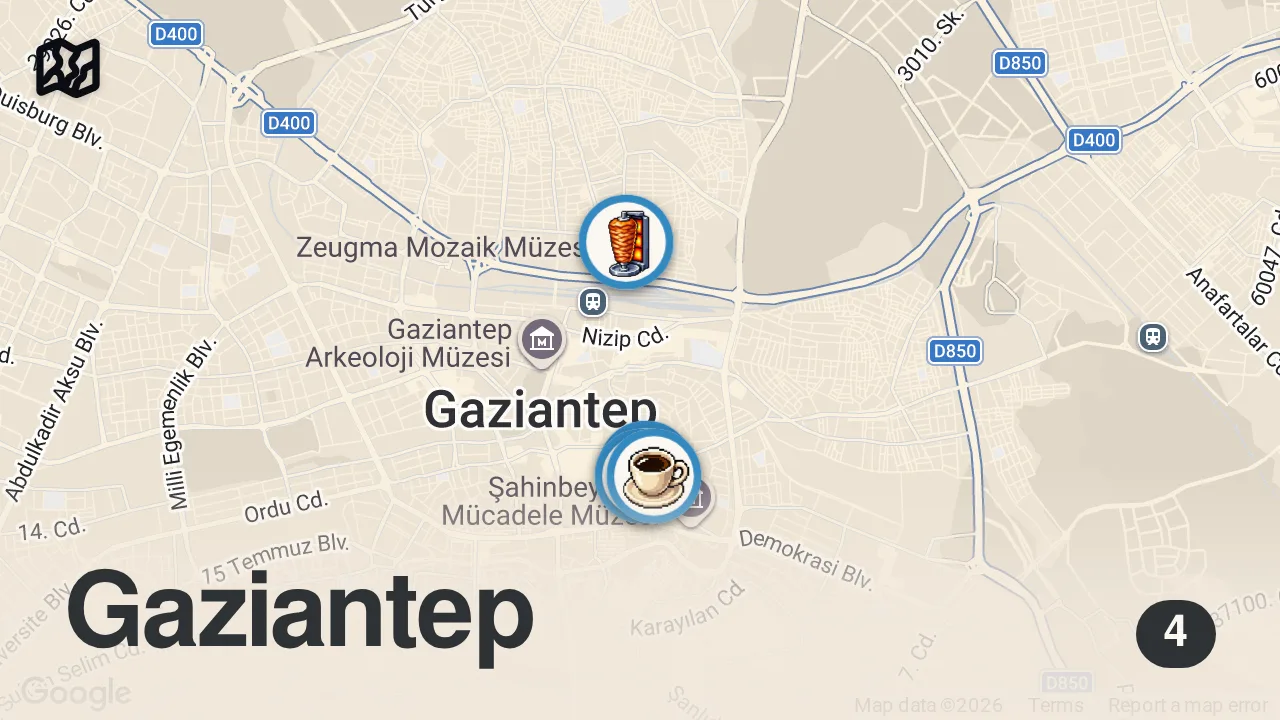Map of 4 spots from Street Food in GAZIANTEP, Turkey 🇹🇷 - HOW TO MAKE BAKLAVA + BEST LAMB KEBABS IN TURKEY