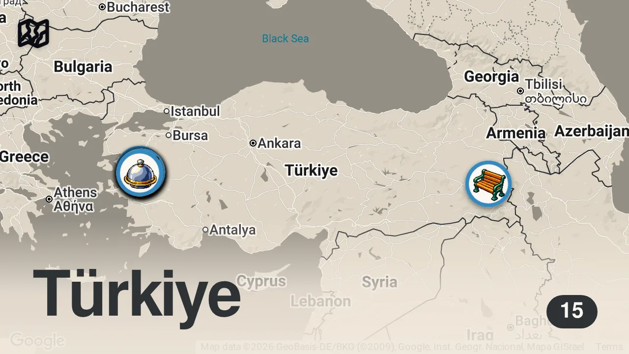 Map of 15 spots from MANİSA AKHİSAR’DA NE YENİR!!! 1 GÜNDE DÜNYALARI YEDİM!!!