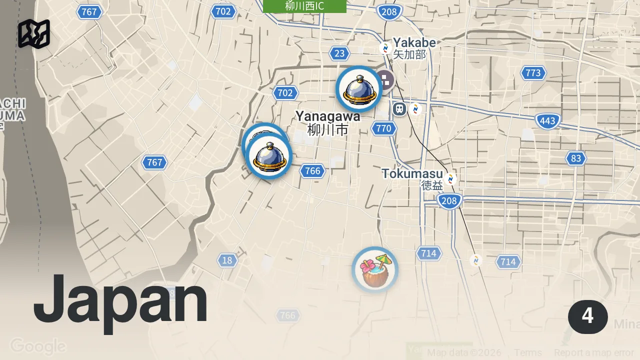 Map of 4 spots from 300 Year EEL Restaurant!! JAPANESE FOOD - Secret Recipe in Yanagawa, Japan!