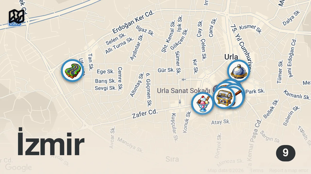 Map of 9 spots from Urla'da Bir Gün: Lezzet Dolu Urla Keşfi!