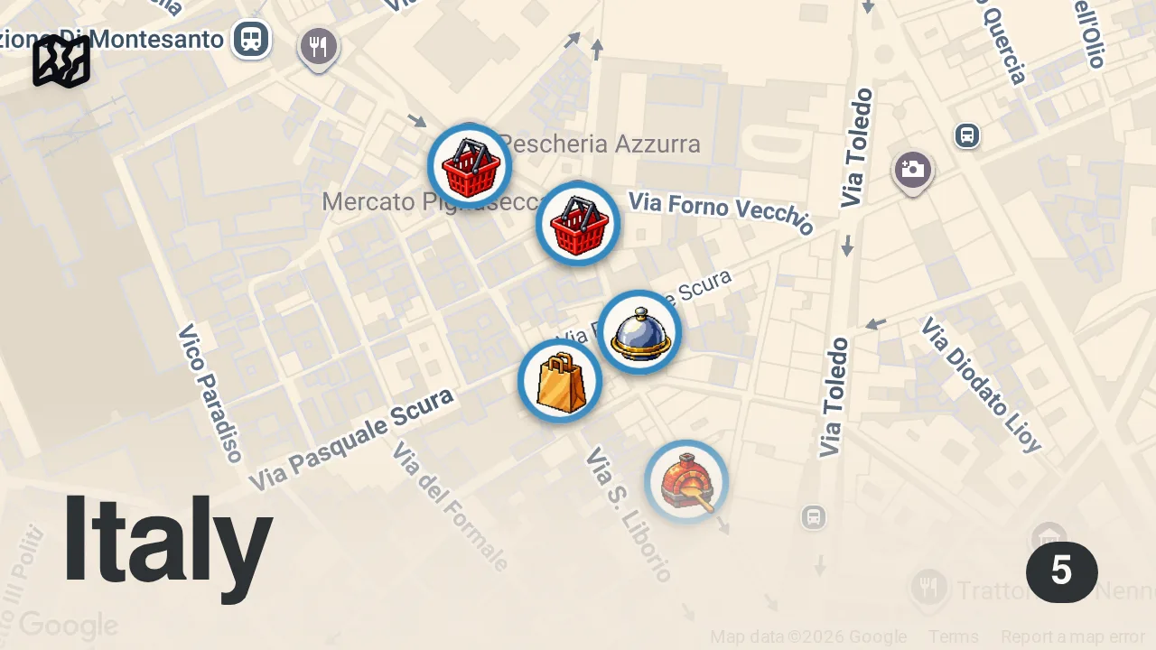 Map of 5 spots from MANGIO nel MERCATO PIGNASECCA a NAPOLI | PRATTQUELLO
