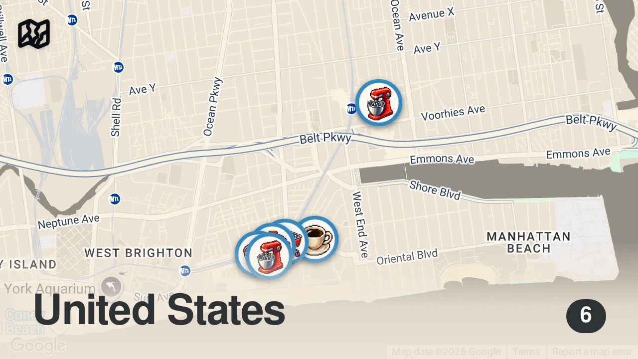 Map of 6 spots from Eating through 7 former Soviet Countries in One New York Neighborhood! (Brighton Beach)