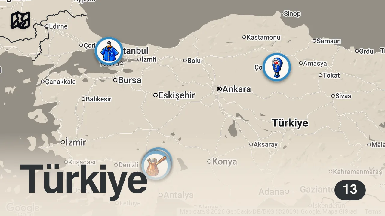 Map of 13 spots from ISPARTA’DA BİR GÜNDE NE YENİR!!! 1 GÜNDE DÜNYALARI YEDİM!!!