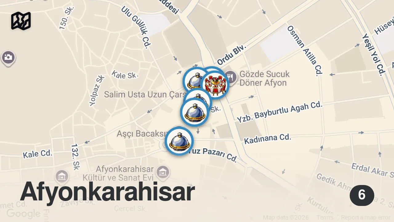 Map of 6 spots from UNKNOWN street food in Turkey 🇹🇷 - TURKISH FOOD YOU'VE NEVER HEARD OF + Street food in AFYON