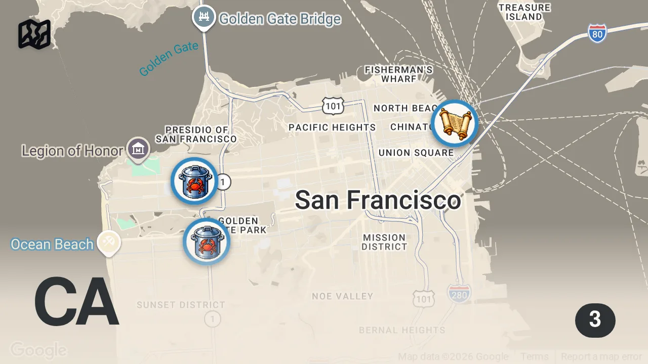 Map of 3 spots from SPICY Dungeness Crab! Top 3 BEST Dungeness Crab Spots in San Francisco 🦀🔥