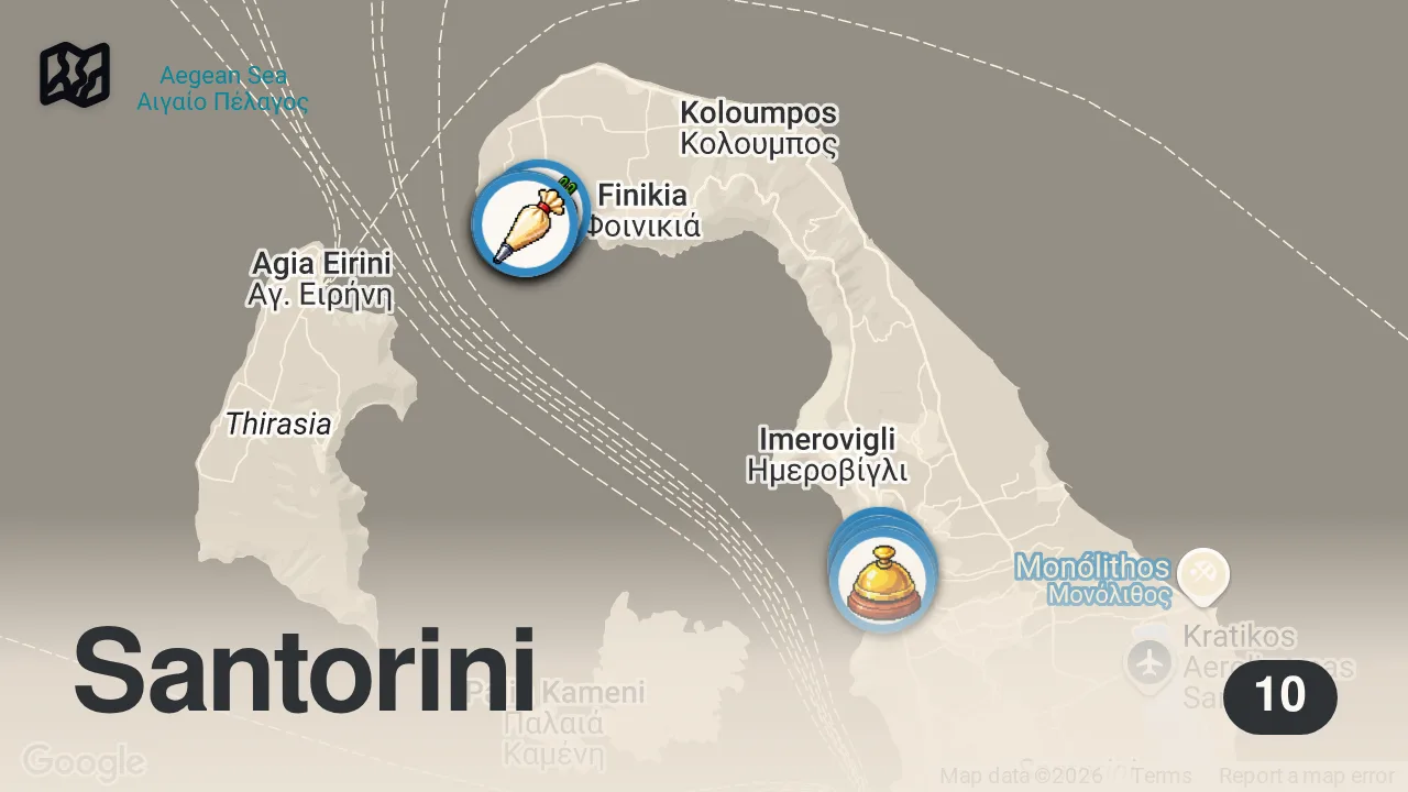 Map of 10 spots from 4 Beautiful Days in SANTORINI Vlog - Thira, Oia, Blue Domes, Sunsets, Volcano Tour, Greece