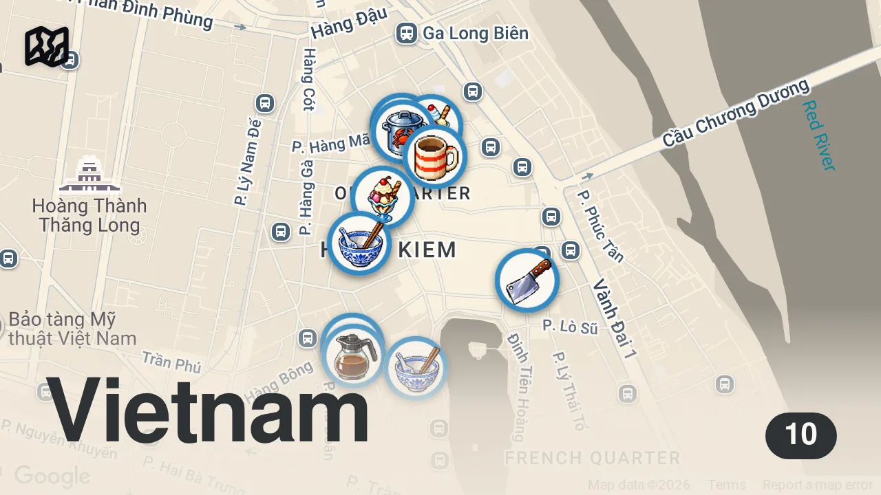 Map of 10 spots from TOP 10 Street Foods in HANOI OLD QUARTER (Vietnam)!! 🇻🇳