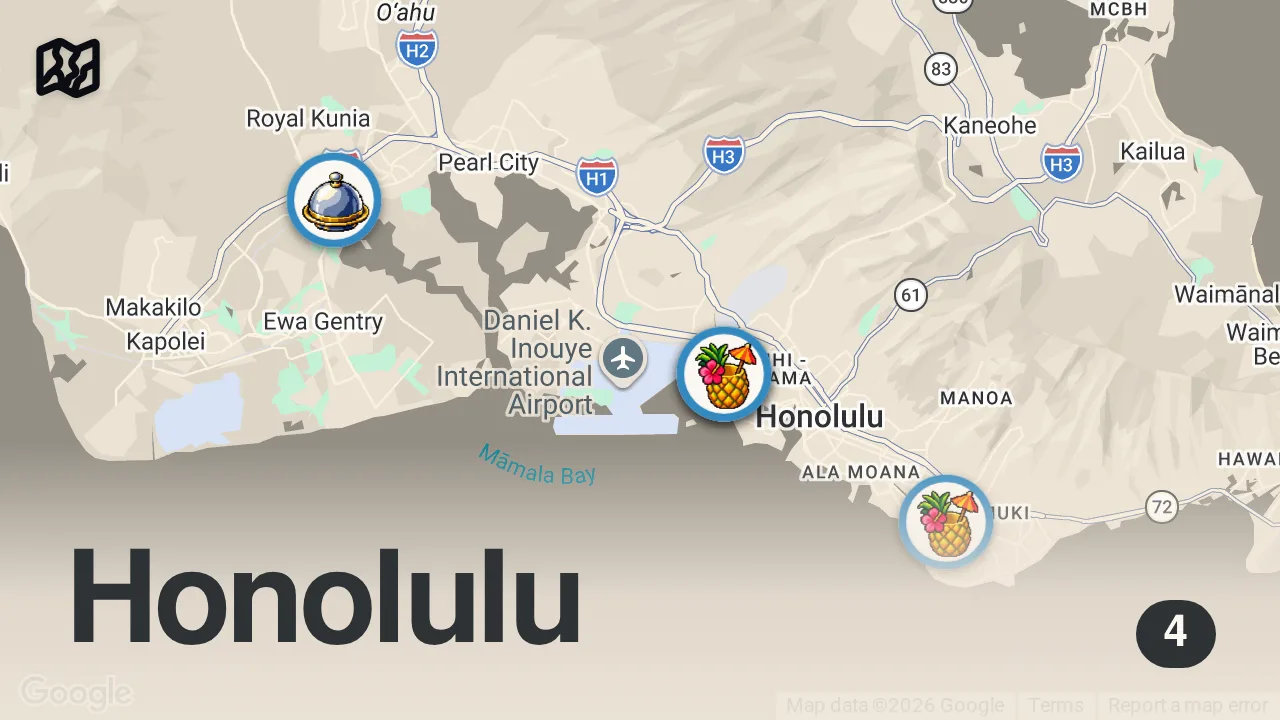 Map of 4 spots from HIDDEN Hawaii Eats You HAVE to Try in Oahu || Local Favorites + Hidden Gems!