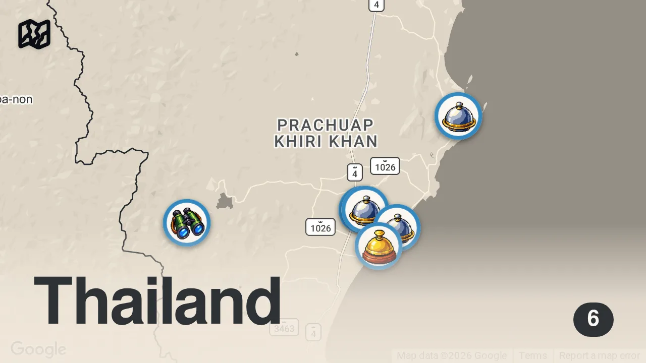 Map of 6 spots from ตะลอนกิน - ส่องสัตว์ ที่ “กุยบุรี” ถิ่นซีฟู้ดโค ตะ ระ สด!!