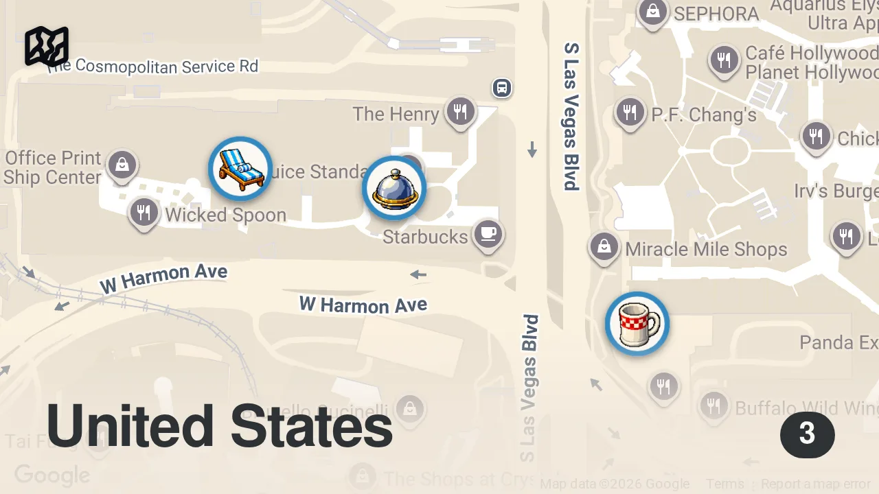 Map of 3 spots from Eating OUTRAGEOUS foods in Las Vegas for 24 hours #shorts
