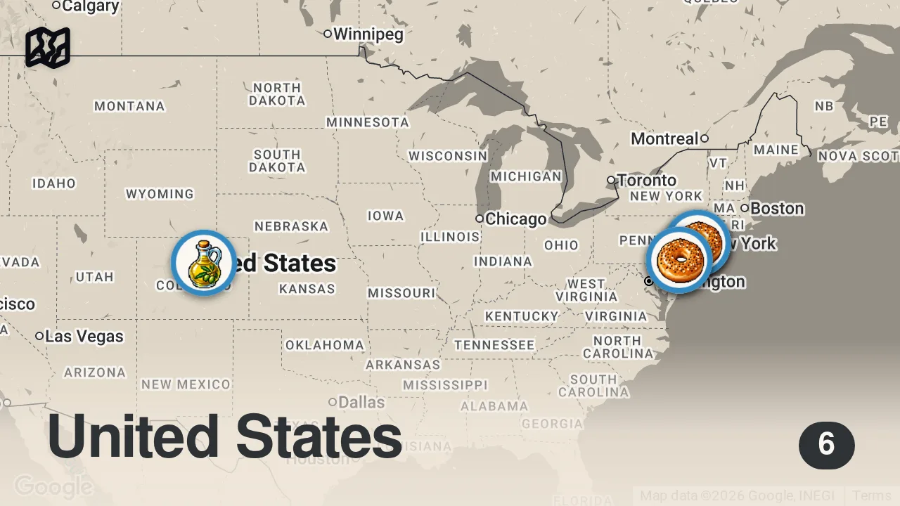 Map of 6 spots from Why Have Pumpernickel Bagels Become An Endangered Species?