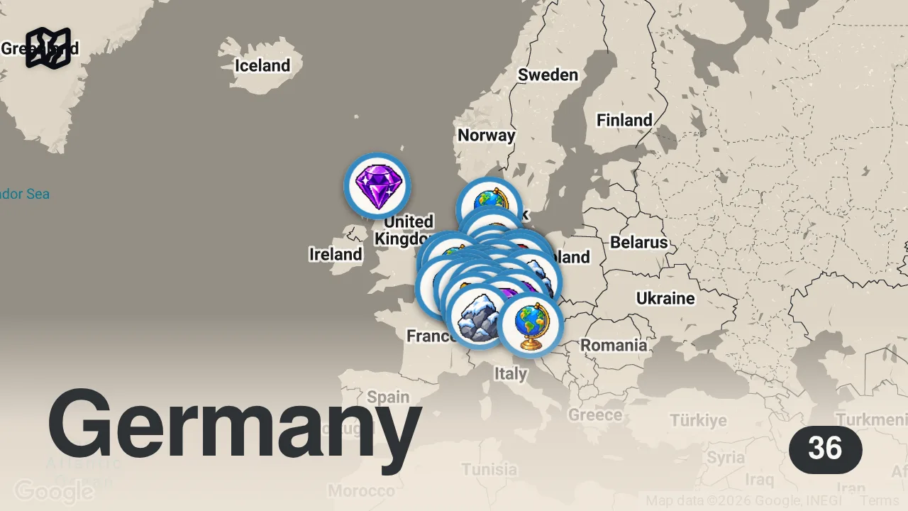 Map of 36 spots from Legales Wildcampen: Alle Trekkingplätze in Deutschland & Europa