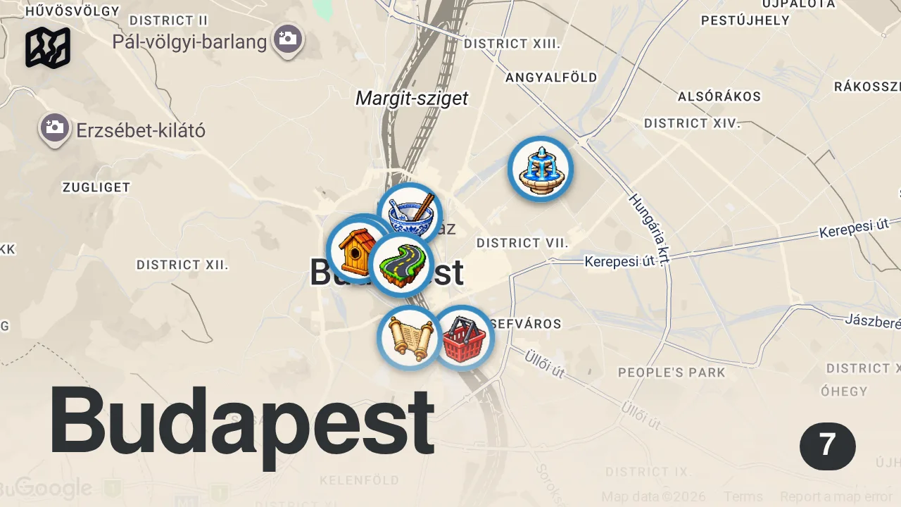 Map of 7 spots from بودابست: جولة في أفضل 8 معالم للسياحية، نصائح وتحديثات أسعار 2026
