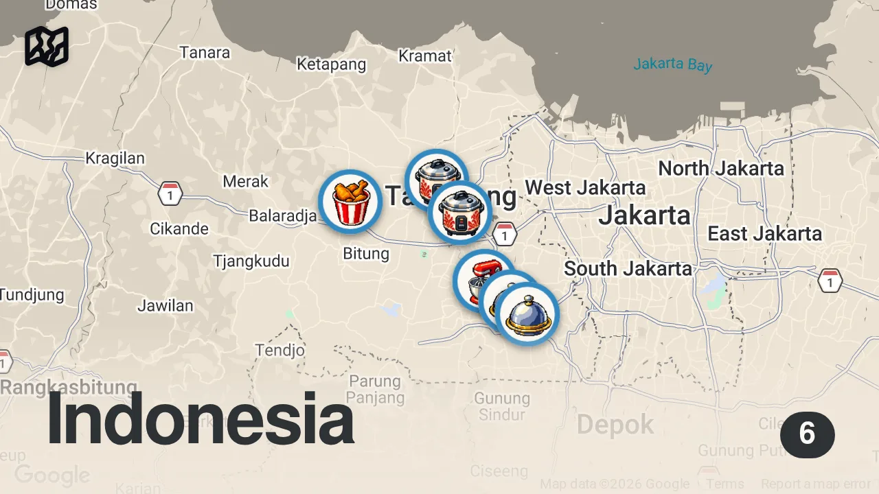Map of 6 spots from INSANE Indonesian street food - MONSTER SIZE BEEF TROTTERS +  Street food in Tangerang, Indonesia