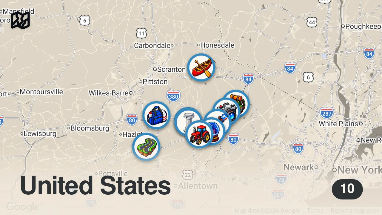 Map of 10 spots from 10 Best Things to Do in the Poconos, Pennsylvania