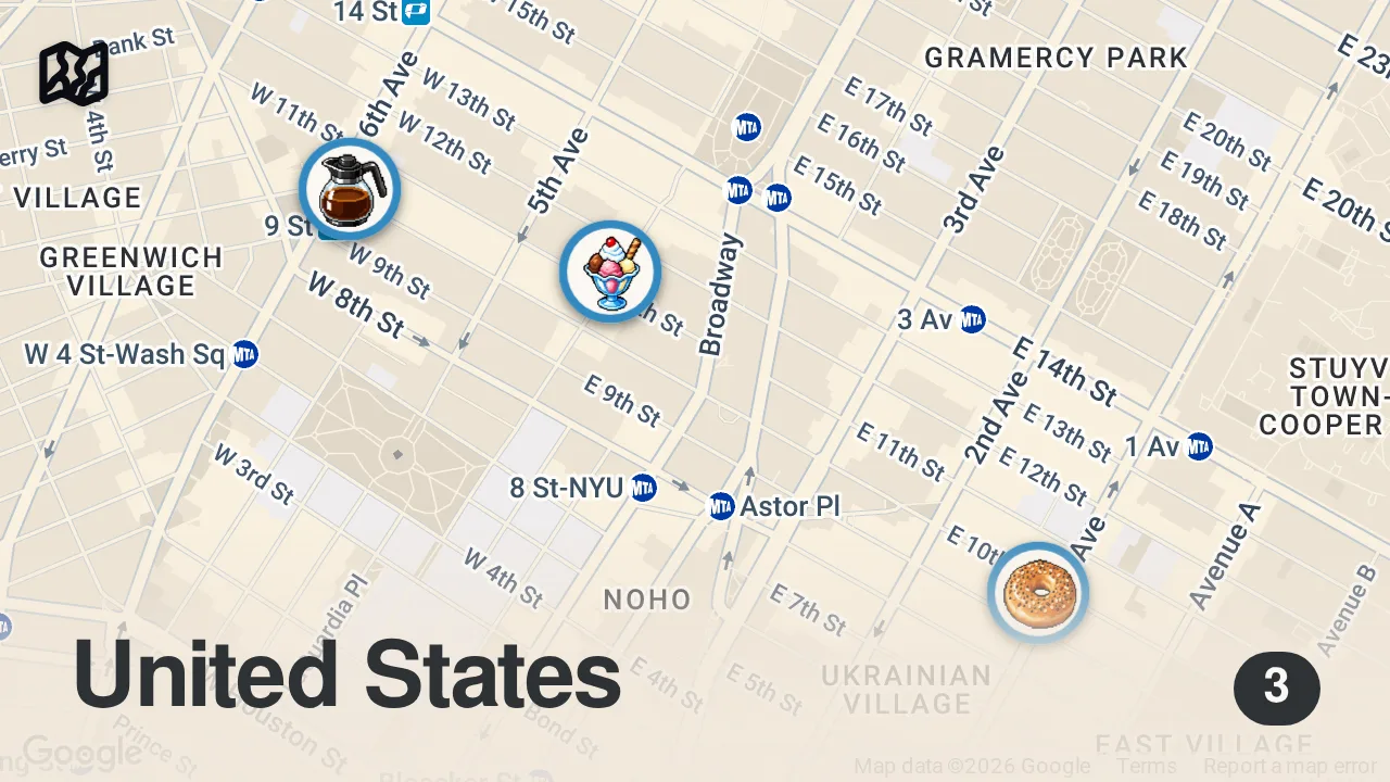 Map of 3 spots from I Tried NYC's Most Viral Food