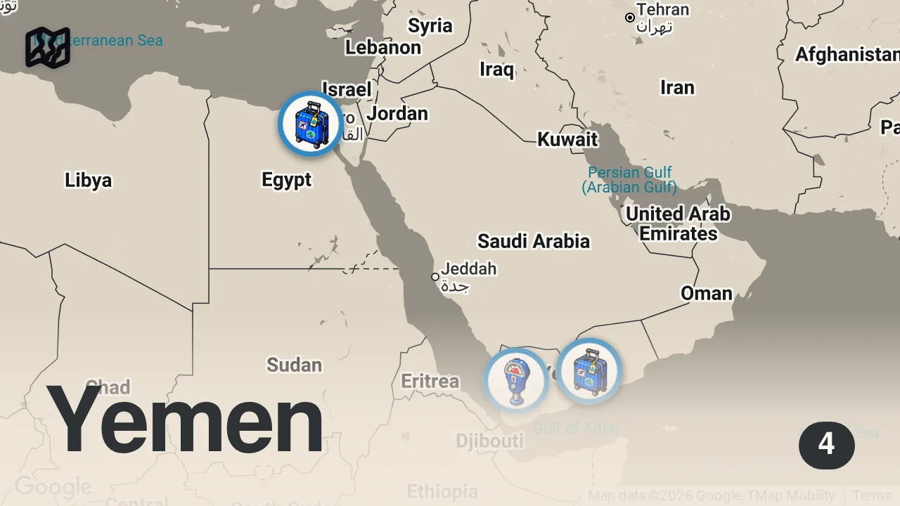 Map of 4 spots from Arriving In Yemen (extreme travel) - What Is The Reality? 🇾🇪