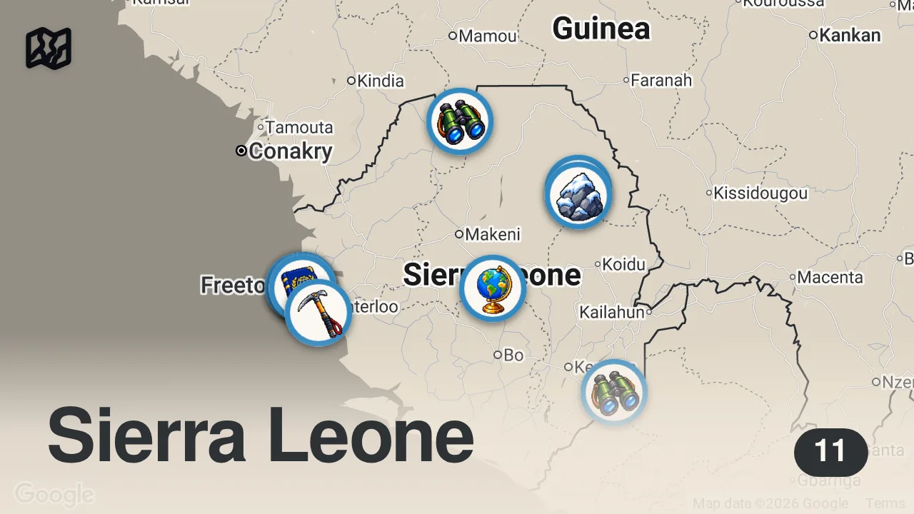 Map of 11 spots from I Didn't Expect To Experience These In Sierra Leone - Bounty Chocolate Advertisement Was Filmed Here
