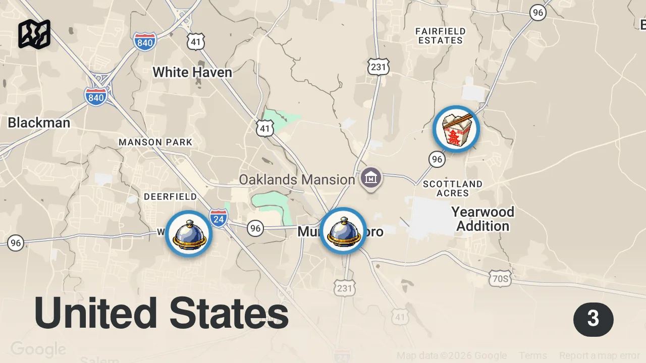 Map of 3 spots from Eating at VIRAL Restaurants For 24 Hours... (Murfreesboro, Tn)