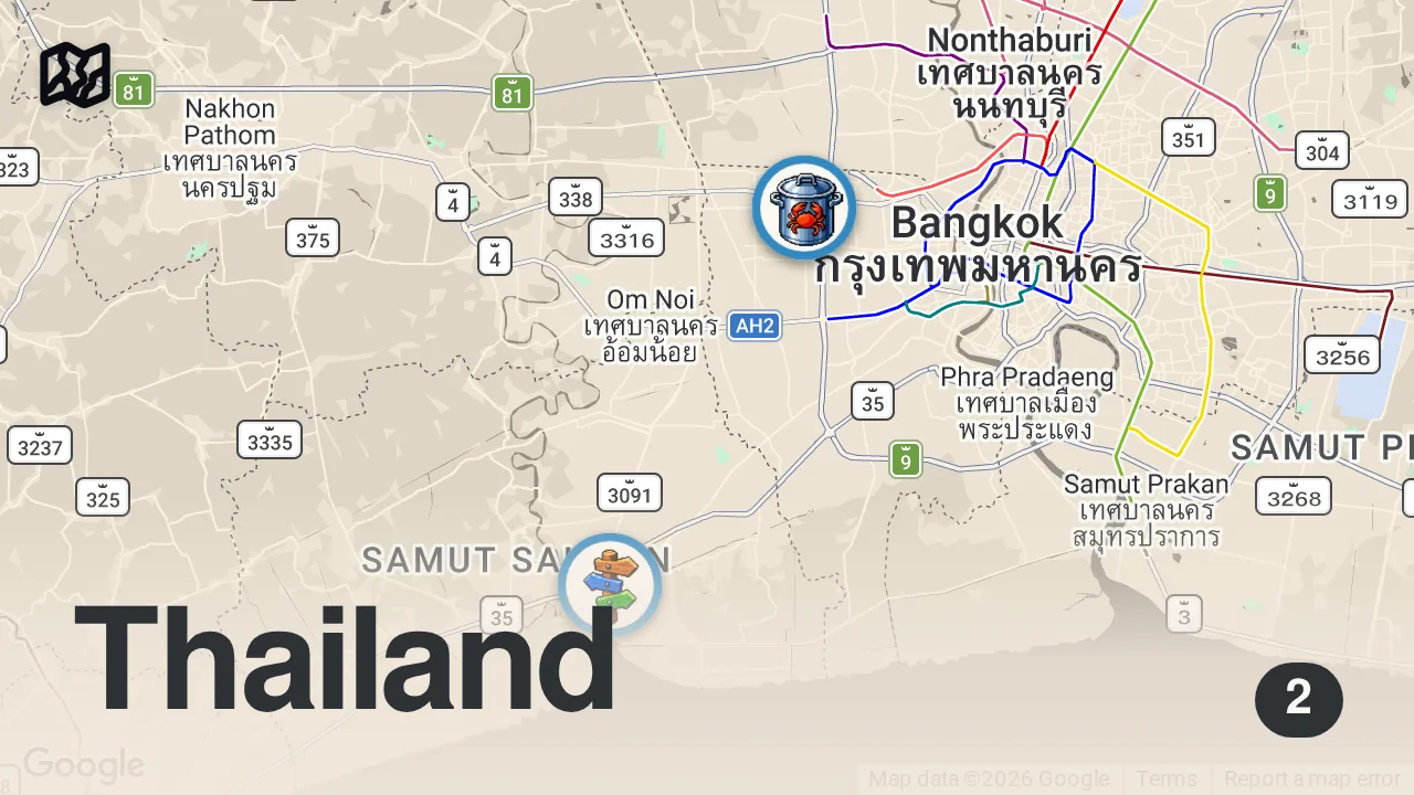 Map of 2 spots from BIGGEST Shrimp I’ve Ever Tried!! Thailand’s XXXL Seafood!!