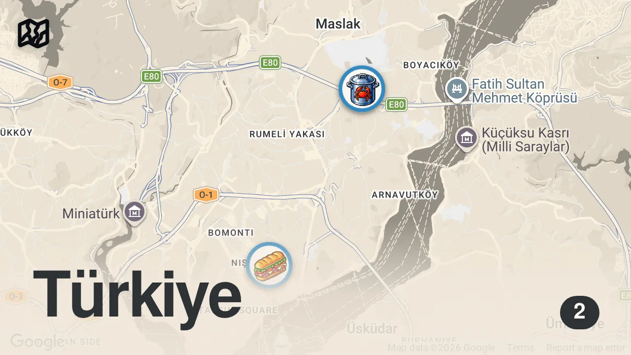 Map of 2 spots from 3600 TL’YE KALKAN BALIĞI YEDİK! - Hesaplar Senden Bölüm 19 - Ayaküstü Lezzetler