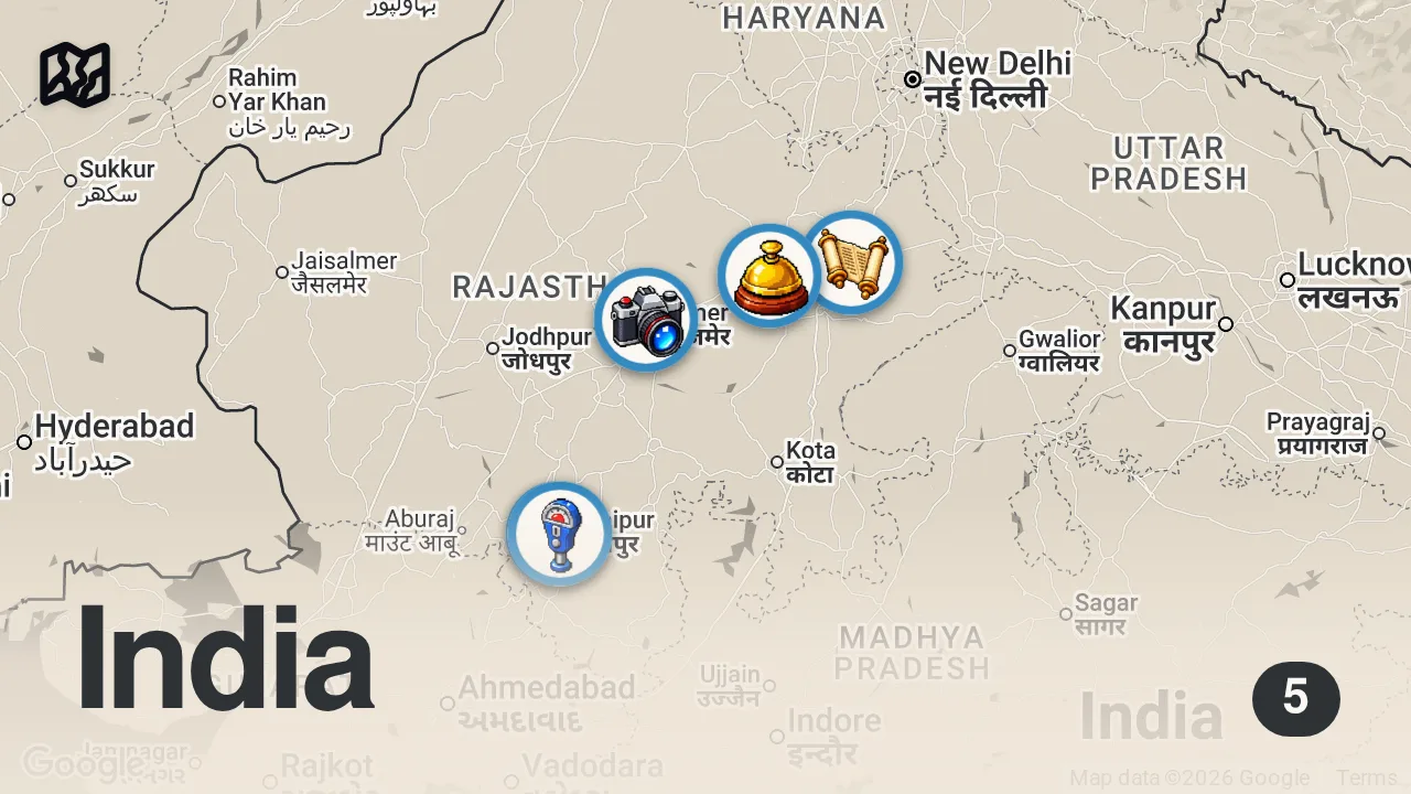Map of 5 spots from INDIA IN 360 Virtual Reality | Royal Rajasthan Travel Video