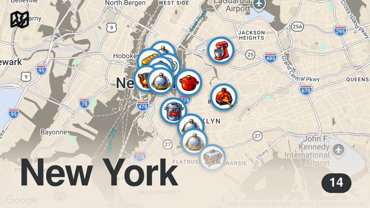 Map of 14 spots from We ate good this year! Here are my top 15 best NYC bites 🙌🏾 #nycfood #foodie #foodreview