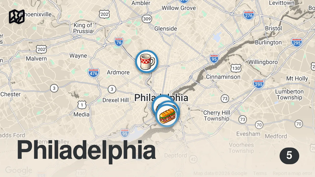 Map of 5 spots from Finding The Best Cheesesteak In Philadelphia | Food Tours | Insider Food