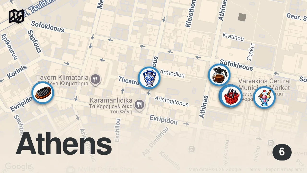 Map of 6 spots from Secret Greek Taverna!! ATHENS CENTRAL MARKET Street Food Tour - Seafood + AMAZING Pork Chops!!