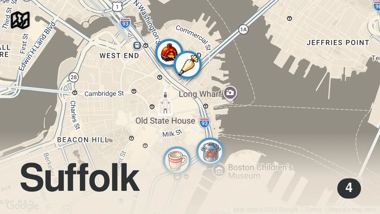 Map of 4 spots from Full day of eating in BOSTON! Homemade McMuffin, $35 Lobster Roll, Cannoli & Famous Boston Pizzeria!