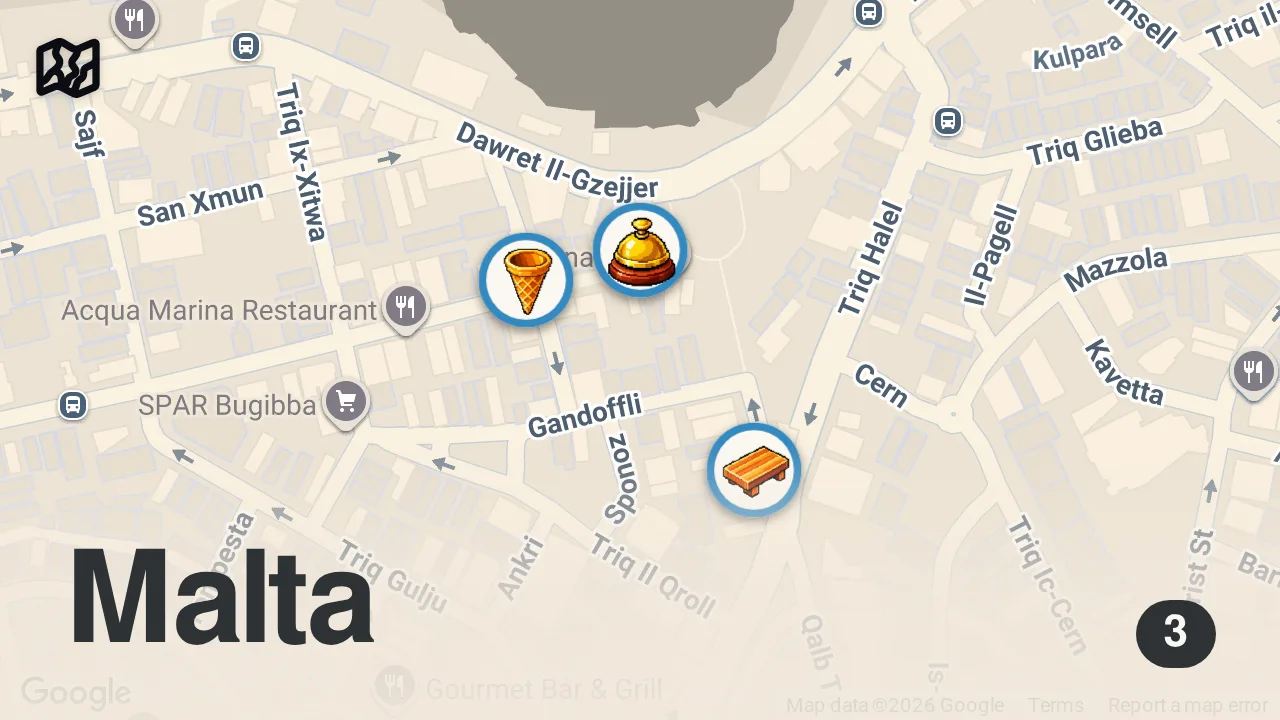 Map of 3 spots from MALTA Walking Tour 4K - Bugibba & St. Paul's Bay All Restaurants, Shops & Prices 2023 🇲🇹