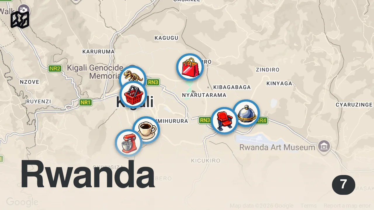 Map of 7 spots from Extreme Hustle In Rwanda's Capital - Kimironko Market & Kigali Genocide Memorial 🇷🇼