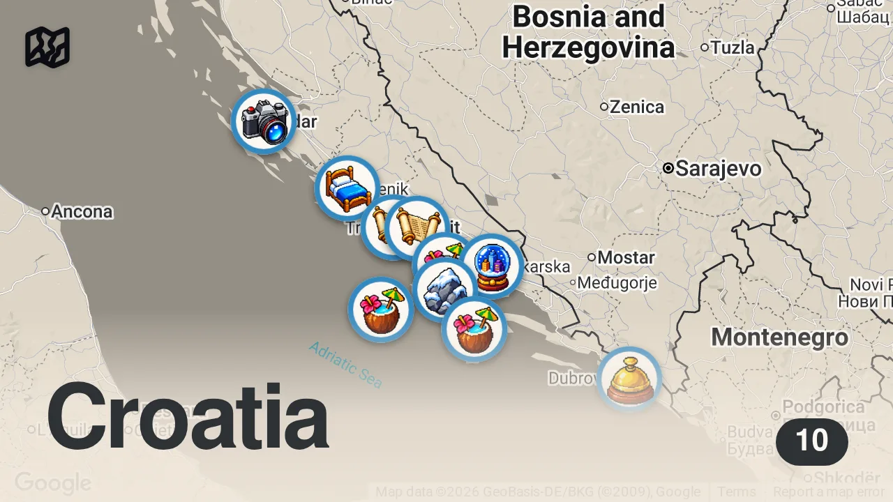 Map of 10 spots from 25 Best Places To Visit In Dalmatian Coast | Dalmatia Travel Video