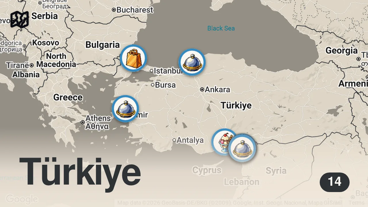 Map of 14 spots from HATAY ARSUZ’DA BİR GÜNDE NE YENİR!!! DÜNYALARI YEDİM!!!