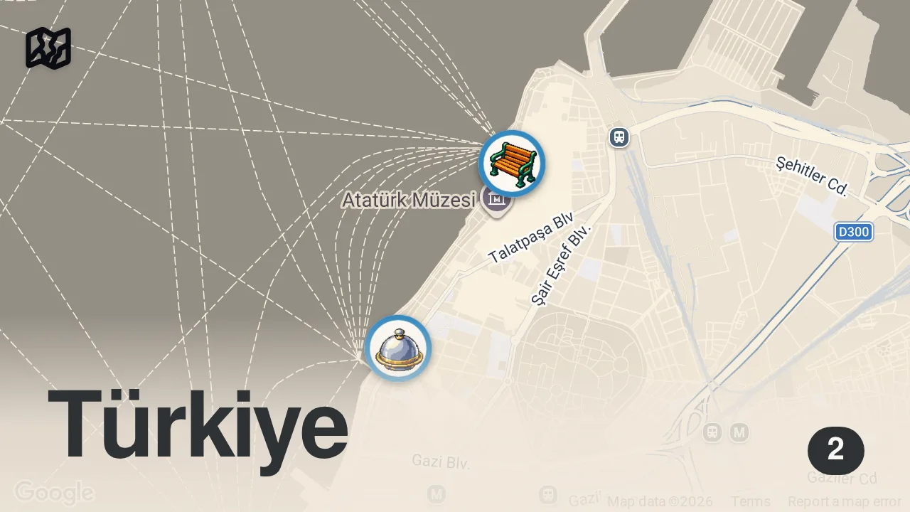 Map of 2 spots from İzmir’in en iyi restoranı hangisi? #izmir #tarih #alsancak #kordon #restoran #yemek #altay