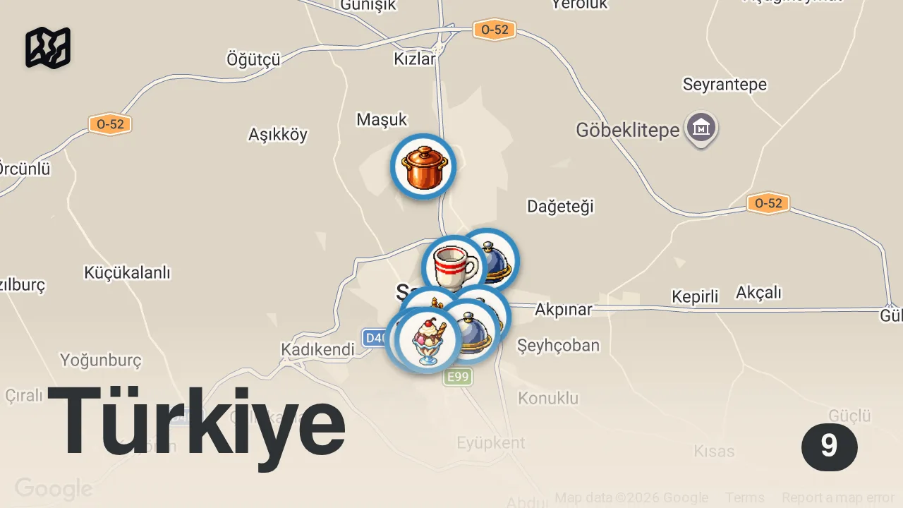 Map of 9 spots from 100 Dolarla Şanlıurfa'da Bir Gün
