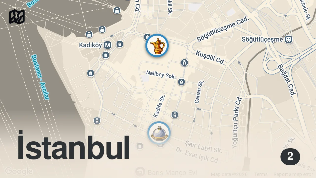 Map of 2 spots from TAKİPÇİLERİMİZLE MODA TURU (İstanbul’da Mısır mutfağını denedik) #VLOG13 - Ayaküstü Lezzetler