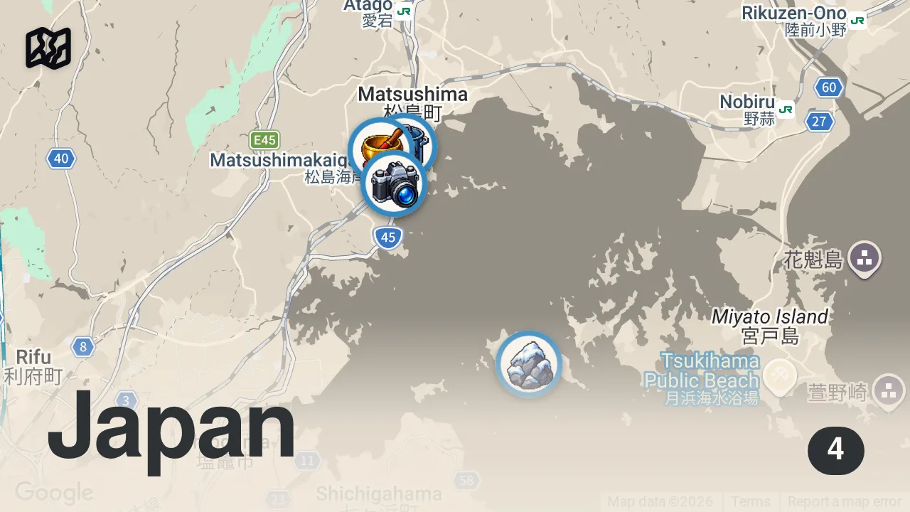 Map of 4 spots from Japan's All-You-Can-Eat OYSTER MOUNT FUJI!! Japanese Fisherman Food in Matsushima!