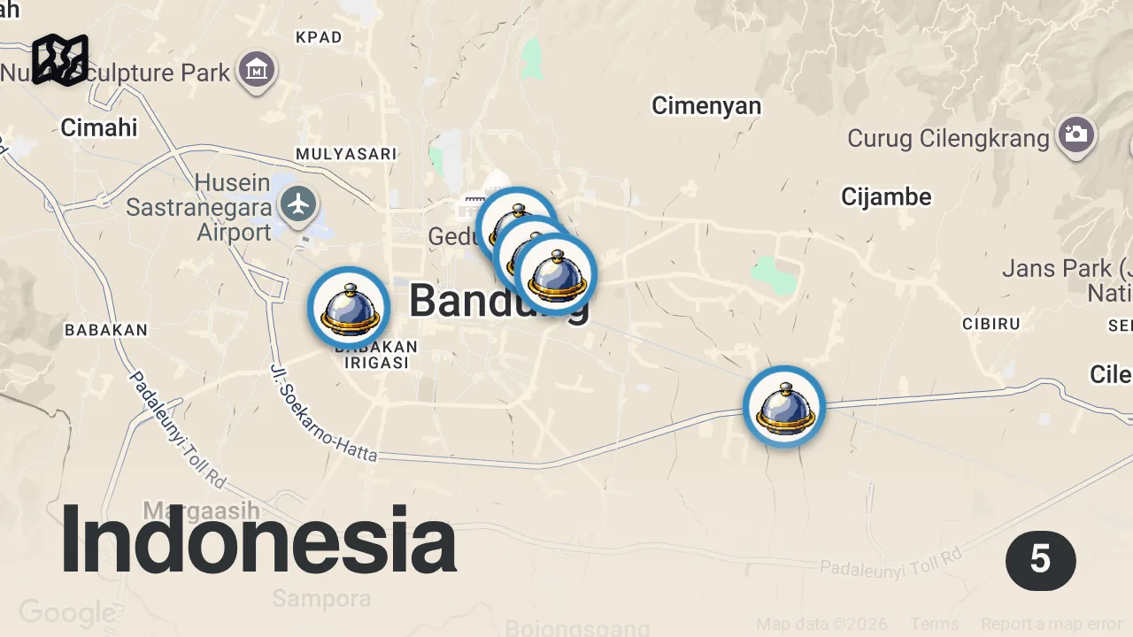 Map of 5 spots from Is this the BEST food city in Indonesia? Indonesian street food in BANDUNG