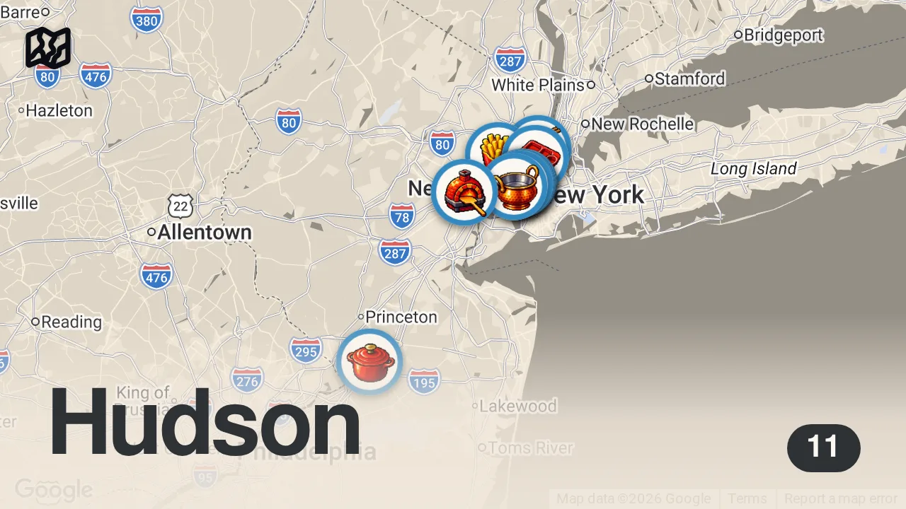 Map of 11 spots from TOP 10 BITES FROM NEW JERSEY IN 2024 #newjersey #njfood #hoboken #sistersnacking